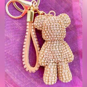 3D Gold Rhinestone Teddy Bear Keychain Bag Charm Accessory for Keys or Purse